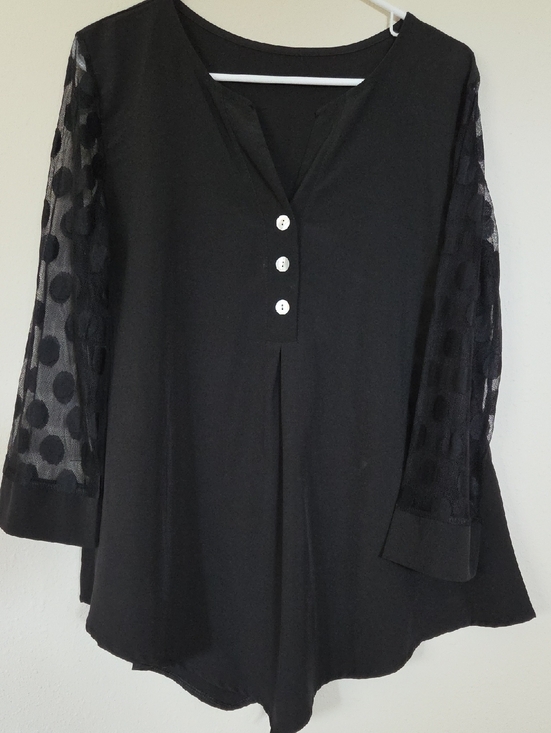 Tops - Black V-Neck Tunic with Sheer Polka Dot Sleeves
